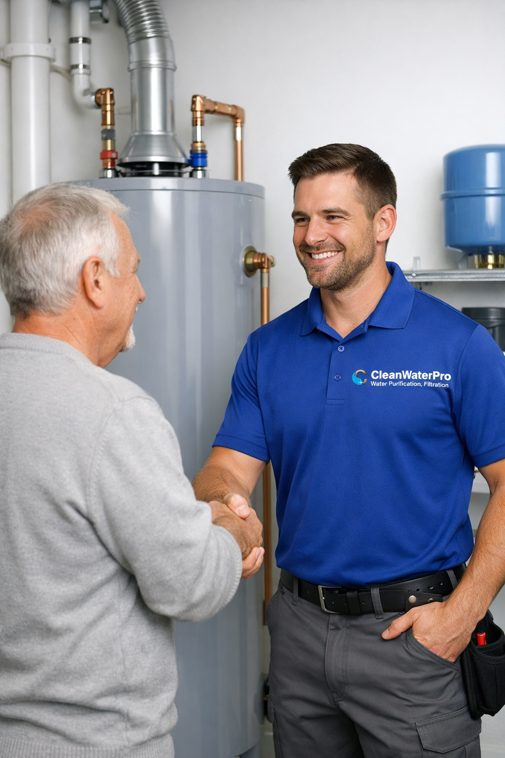 Clean Water Pro technician servicing a hot water tank